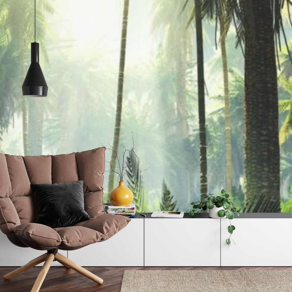 Papier peint panoramique Palmeraie tropicale — jungle vert tendre et brume