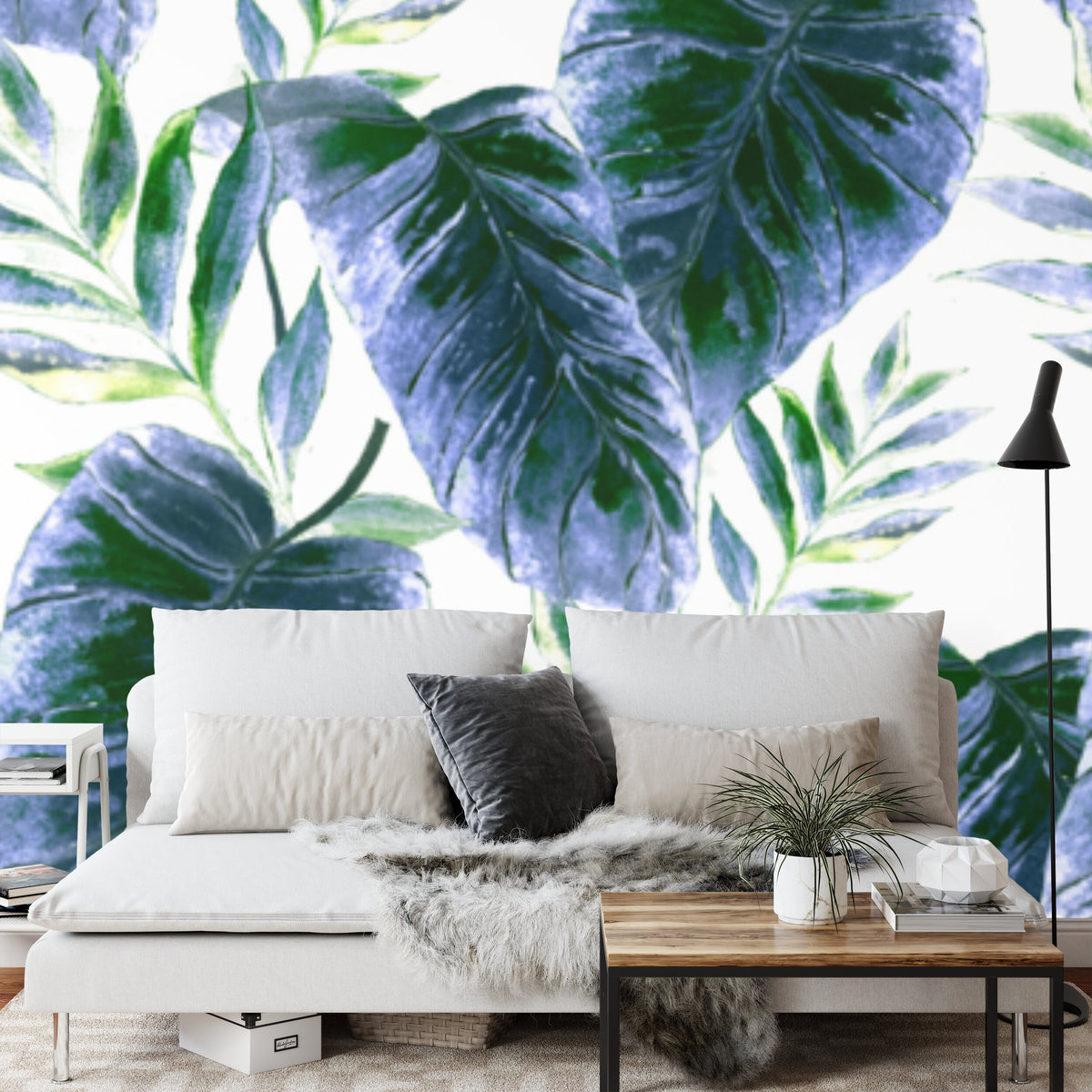 Papier peint panoramique Feuillage indigo — aquarelle bleue sur fond blanc