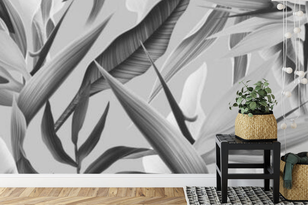 Papier peint panoramique Feuillage monochrome — tropical noir et blanc