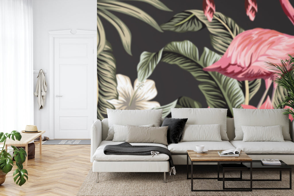 Papier peint panoramique Flamants roses — fleurs tropicales sur fond noir