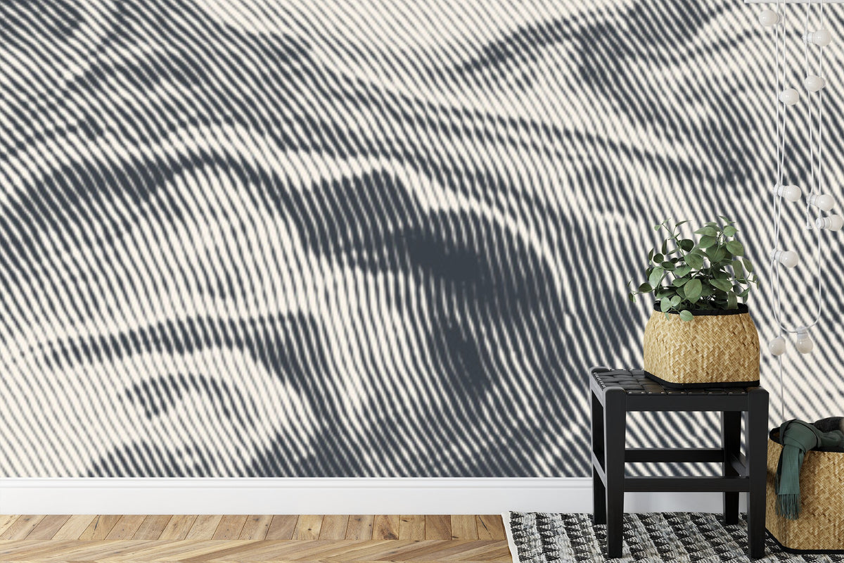 Papier peint panoramique Ondes gravées — motif graphique bleu nuit et crème