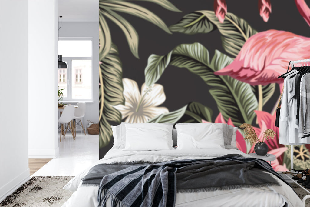 Papier peint panoramique Flamants roses — fleurs tropicales sur fond noir