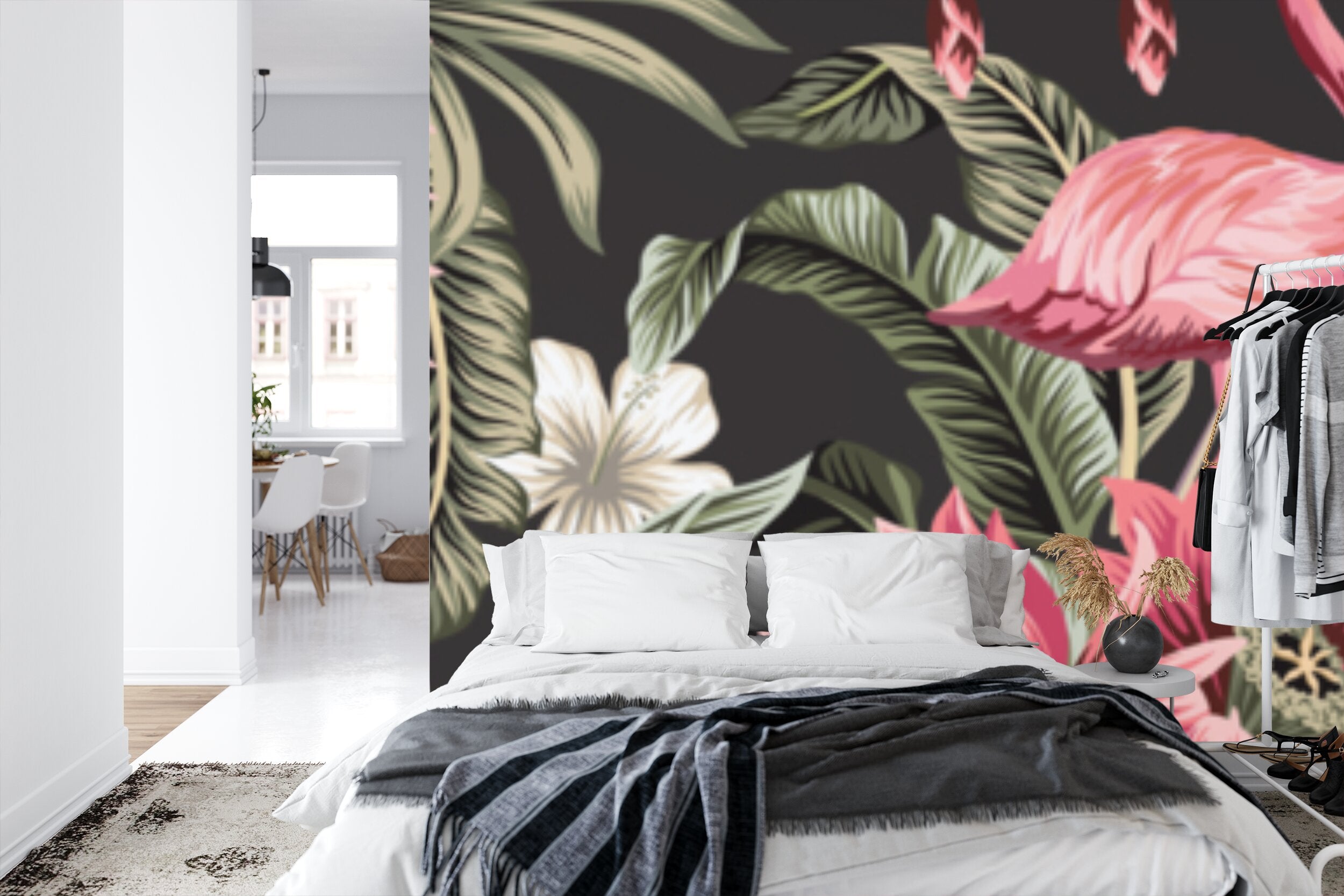 Papier peint panoramique Flamants roses — fleurs tropicales sur fond noir