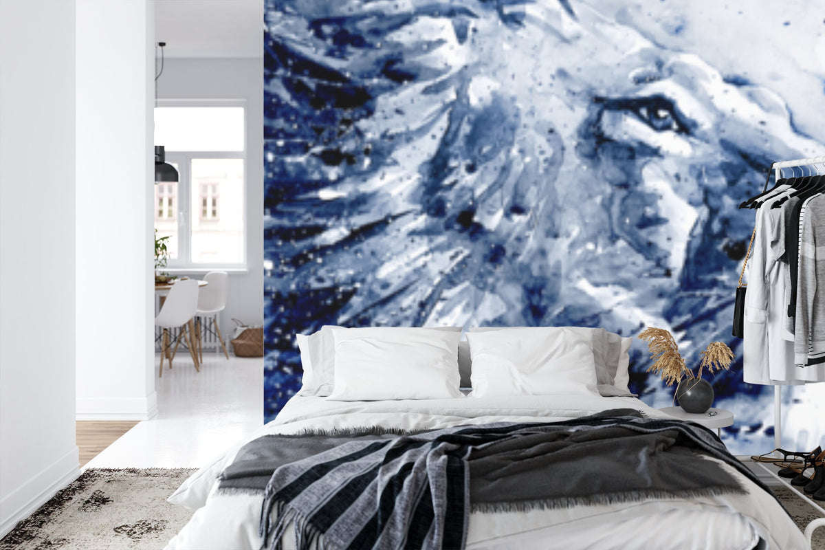 Papier peint panoramique Lion à l'aquarelle — bleu indigo sur blanc