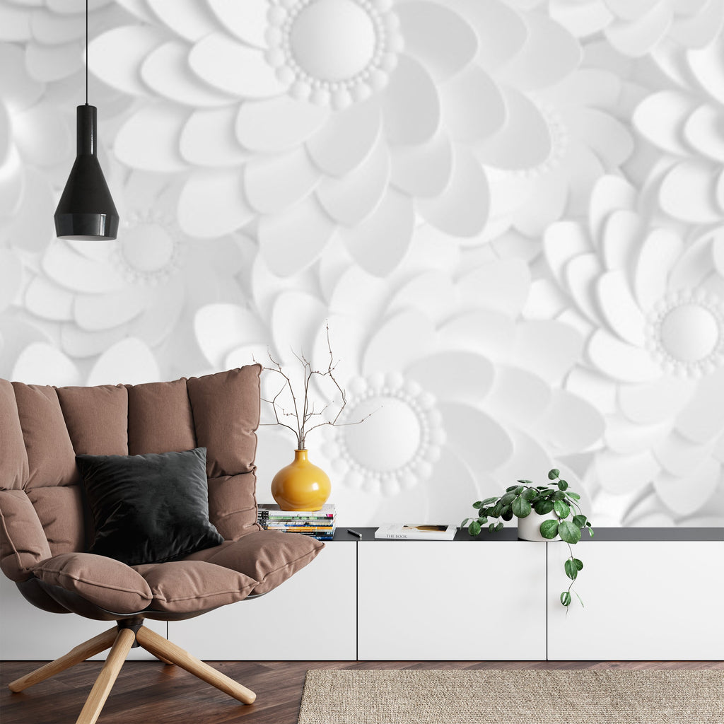 Papier peint panoramique Fleurs de papier — relief floral blanc mat