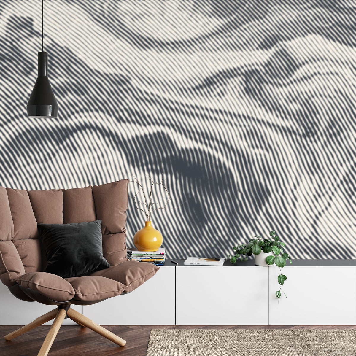 Papier peint panoramique Ondes gravées — motif graphique bleu nuit et crème