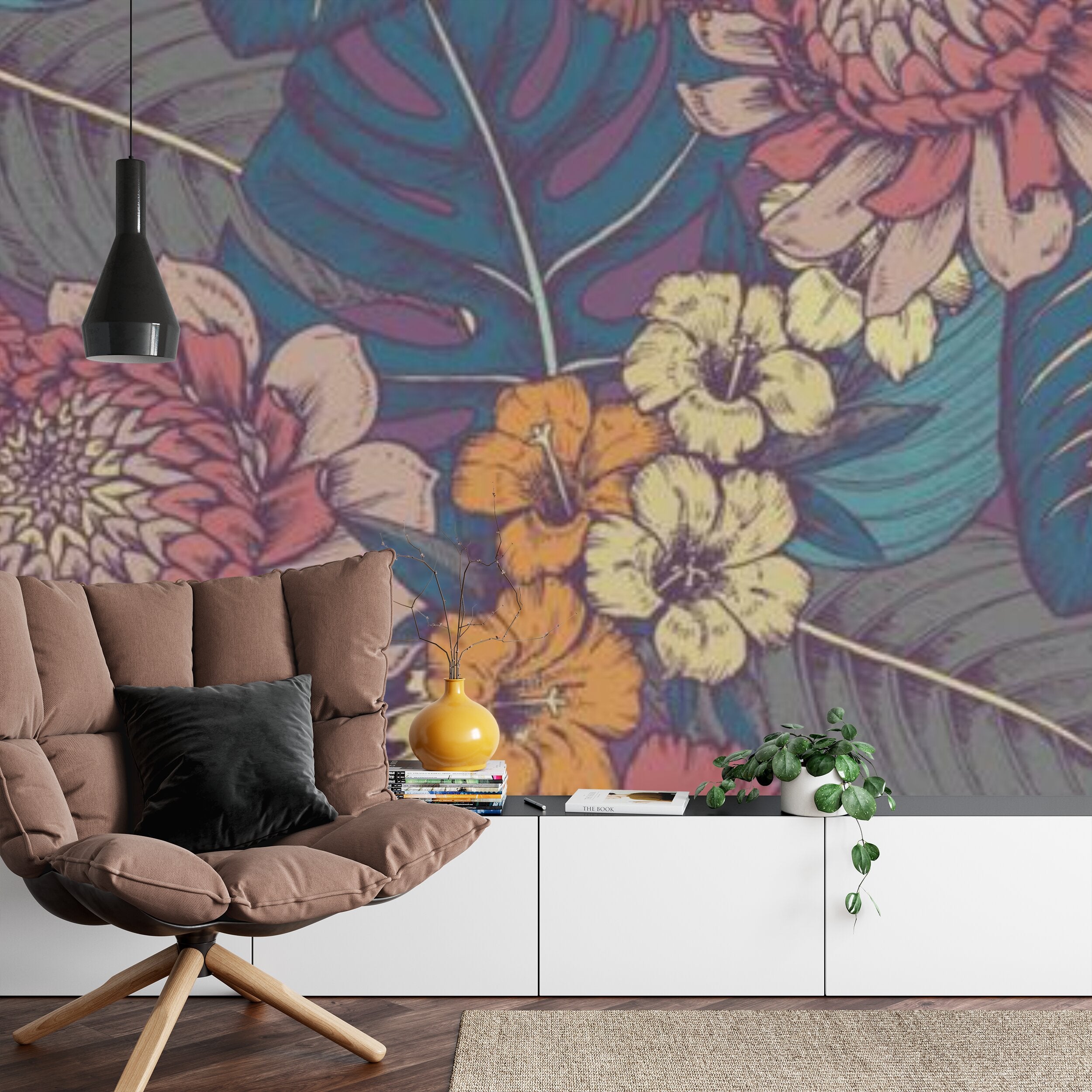 Papier peint panoramique Flore gravée — hibiscus et dahlias, motif tropical