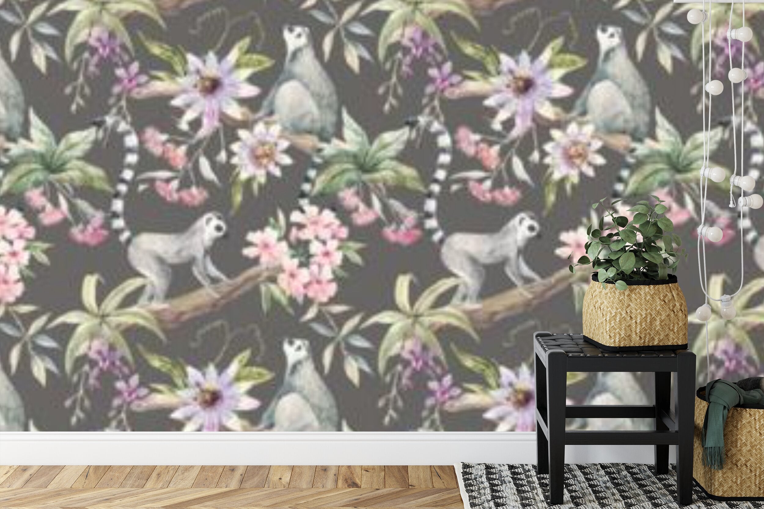 Papier peint panoramique Lémuriens et passiflores — motif tropical animalier