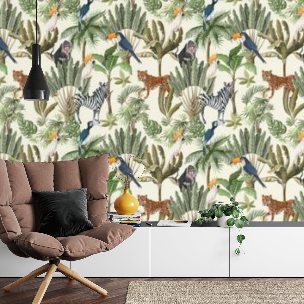 Papier peint panoramique Savane et jungle — zèbres, léopards et toucans