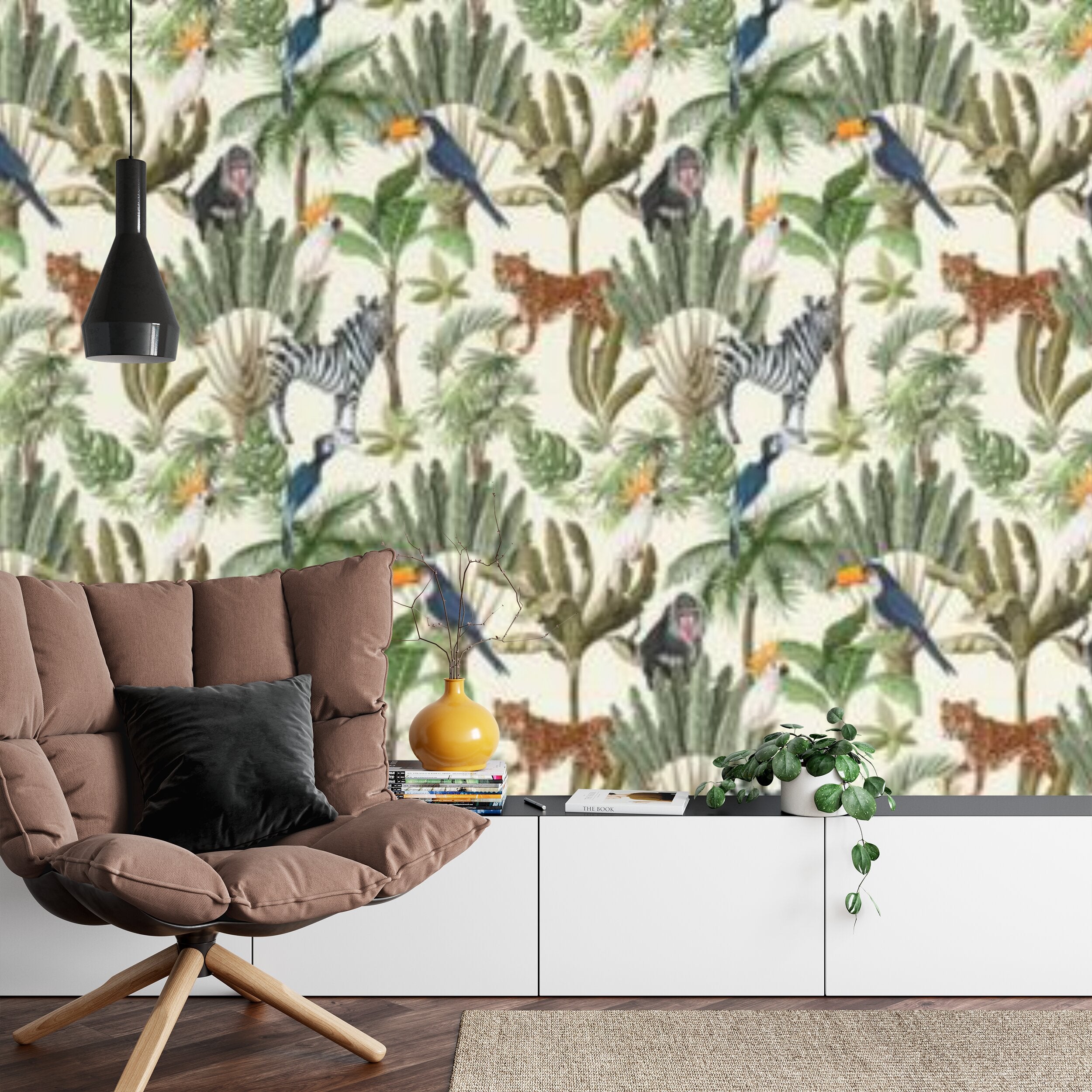 Papier peint panoramique Savane et jungle — zèbres, léopards et toucans