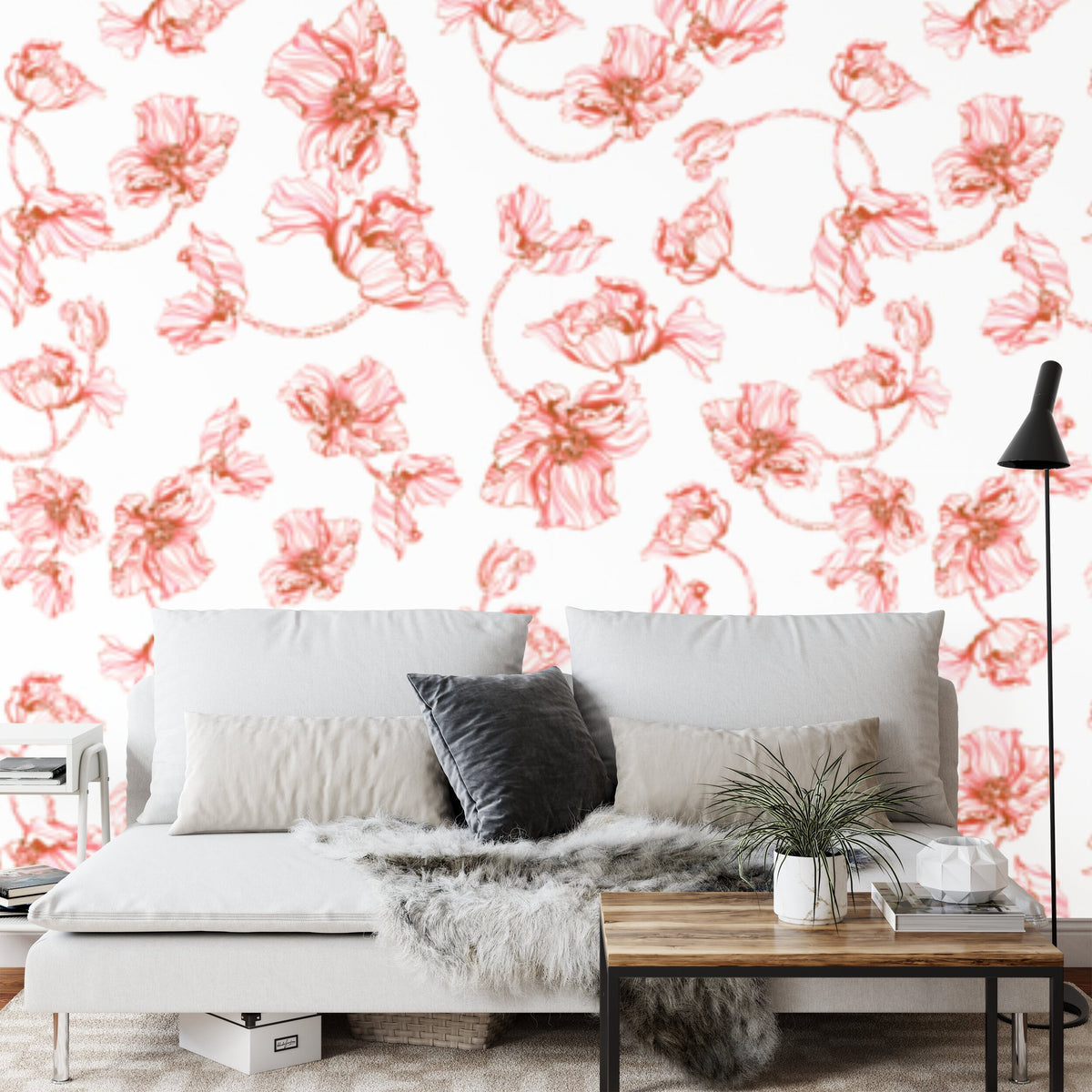 Papier peint panoramique Coquelicots au trait — motif floral corail
