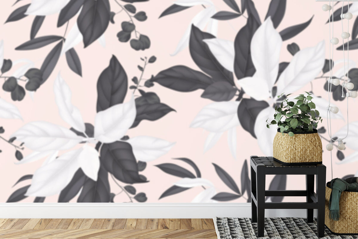 Papier peint panoramique Feuillage noir et blanc sur rose — motif graphique
