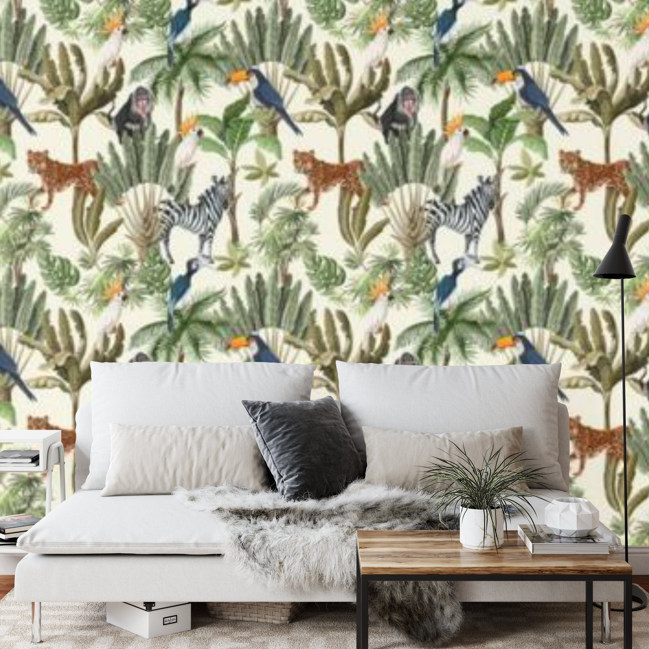 Papier peint panoramique Savane et jungle — zèbres, léopards et toucans