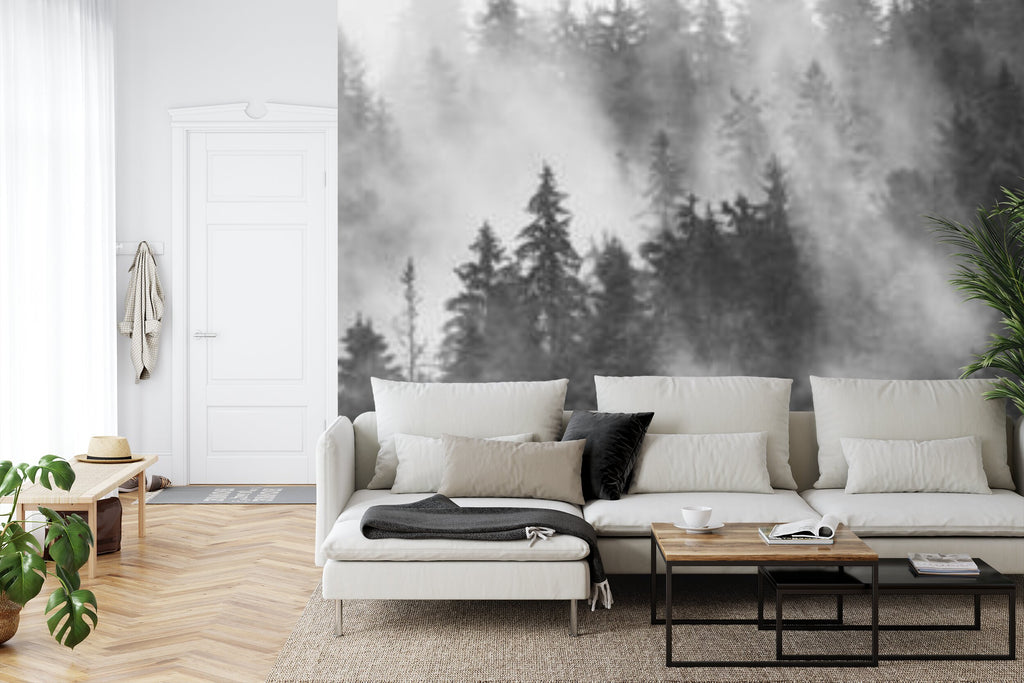 Papier peint panoramique Forêt de brume — paysage noir et blanc