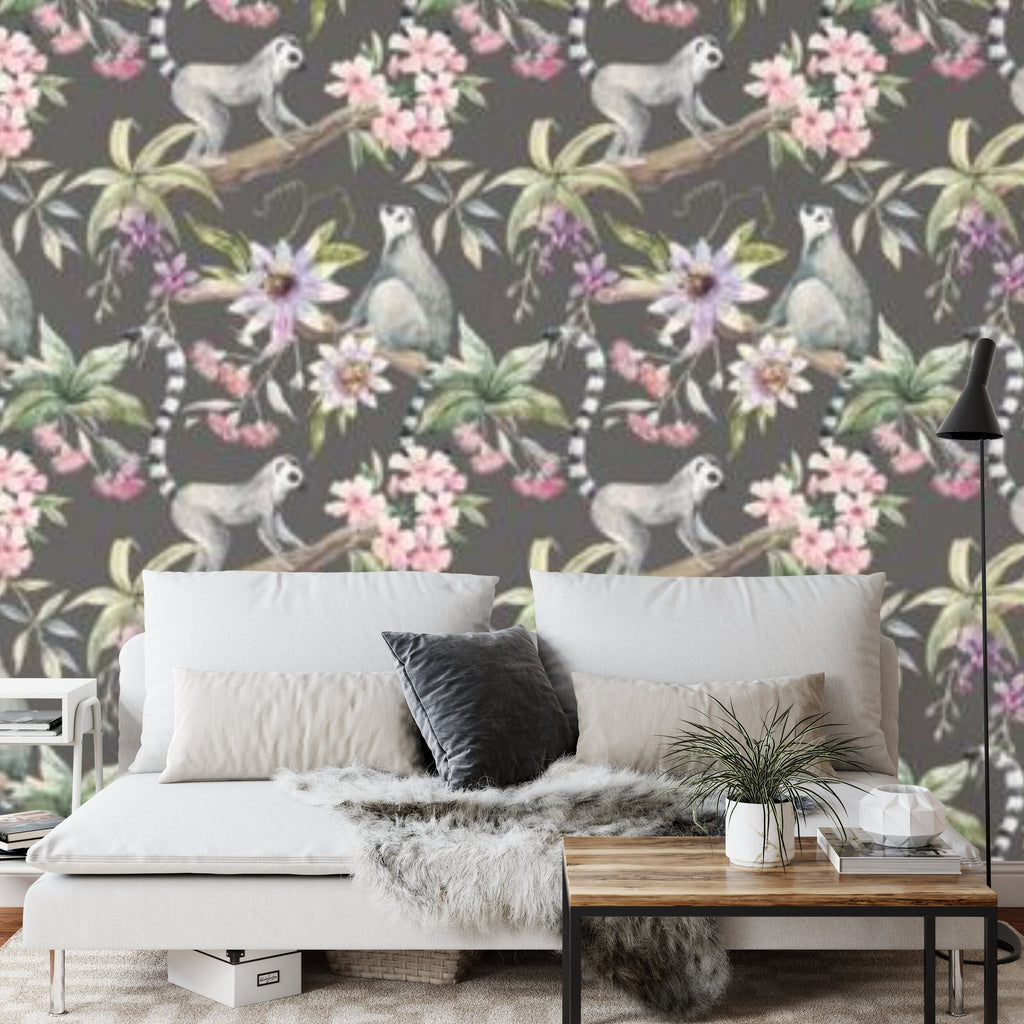 Papier peint panoramique Lémuriens et passiflores — motif tropical animalier