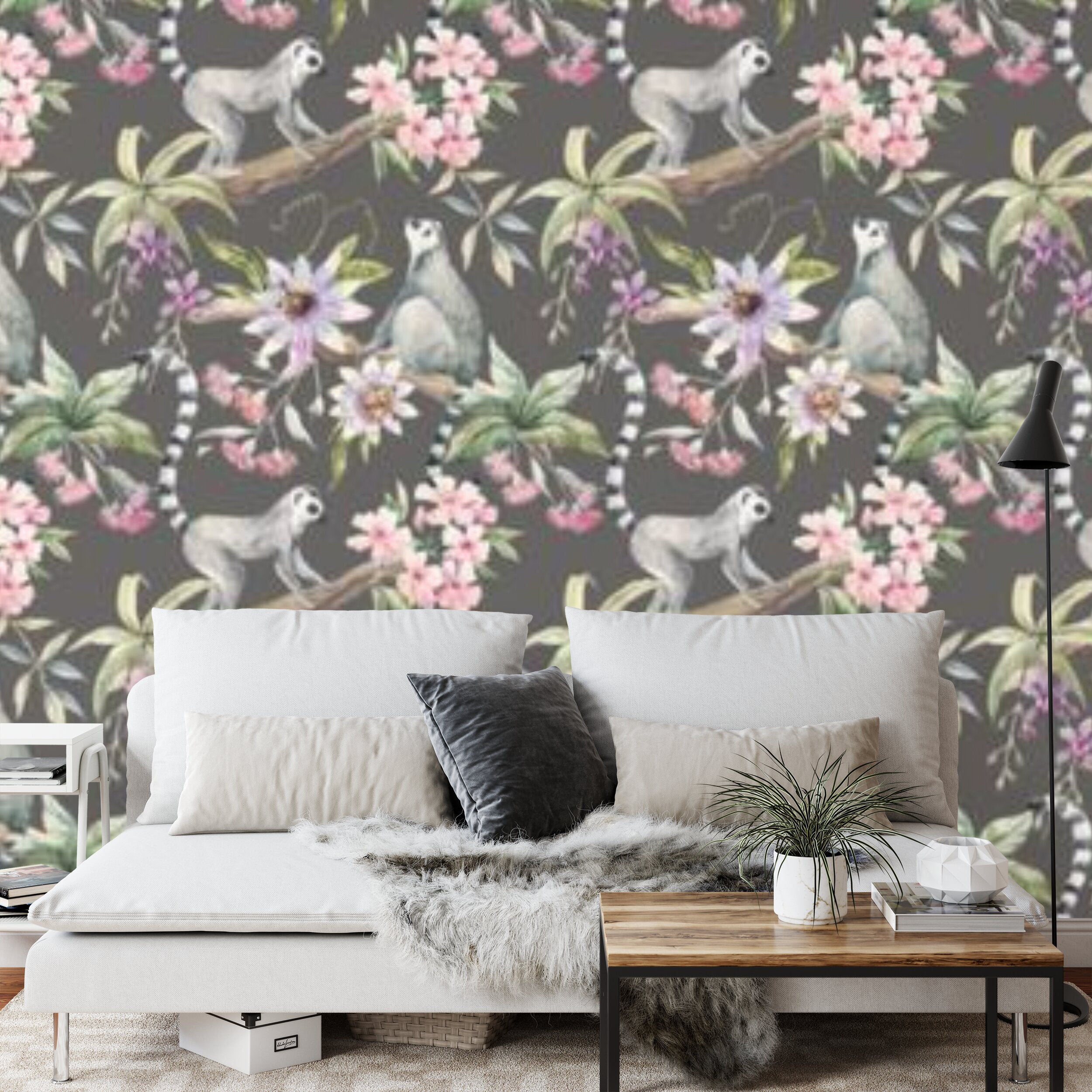 Papier peint panoramique Lémuriens et passiflores — motif tropical animalier