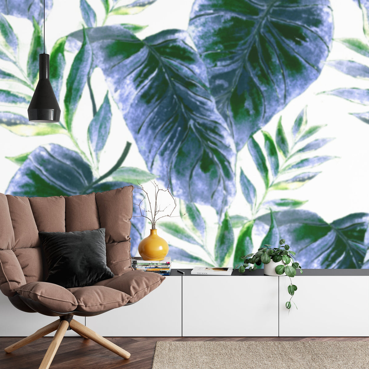 Papier peint panoramique Feuillage indigo — aquarelle bleue sur fond blanc