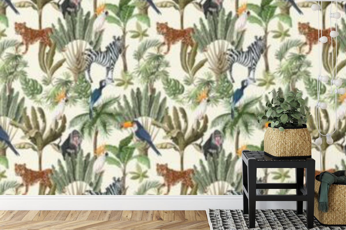 Papier peint panoramique Savane et jungle — zèbres, léopards et toucans