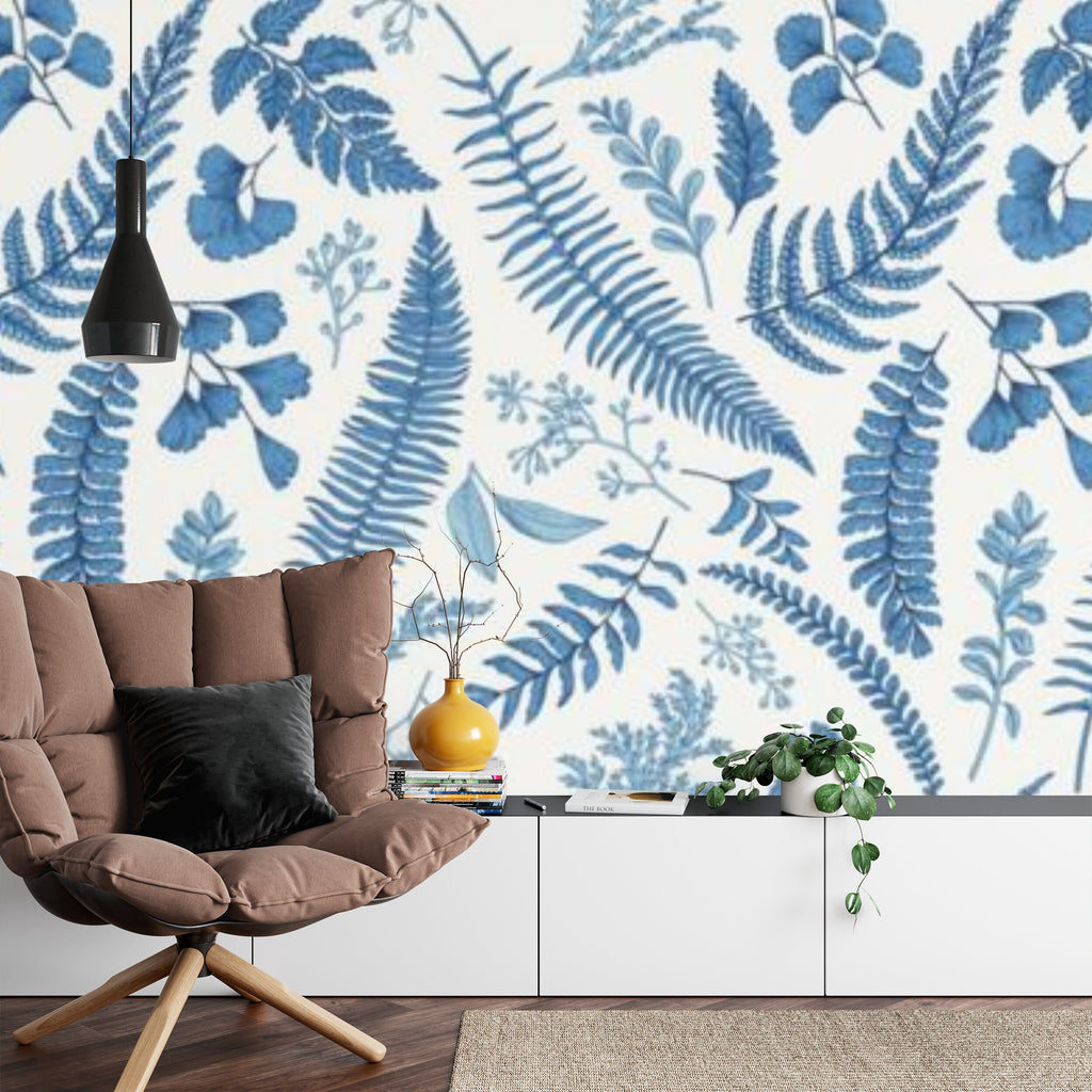 Papier peint panoramique Fougères bleues — herbier gravé sur crème