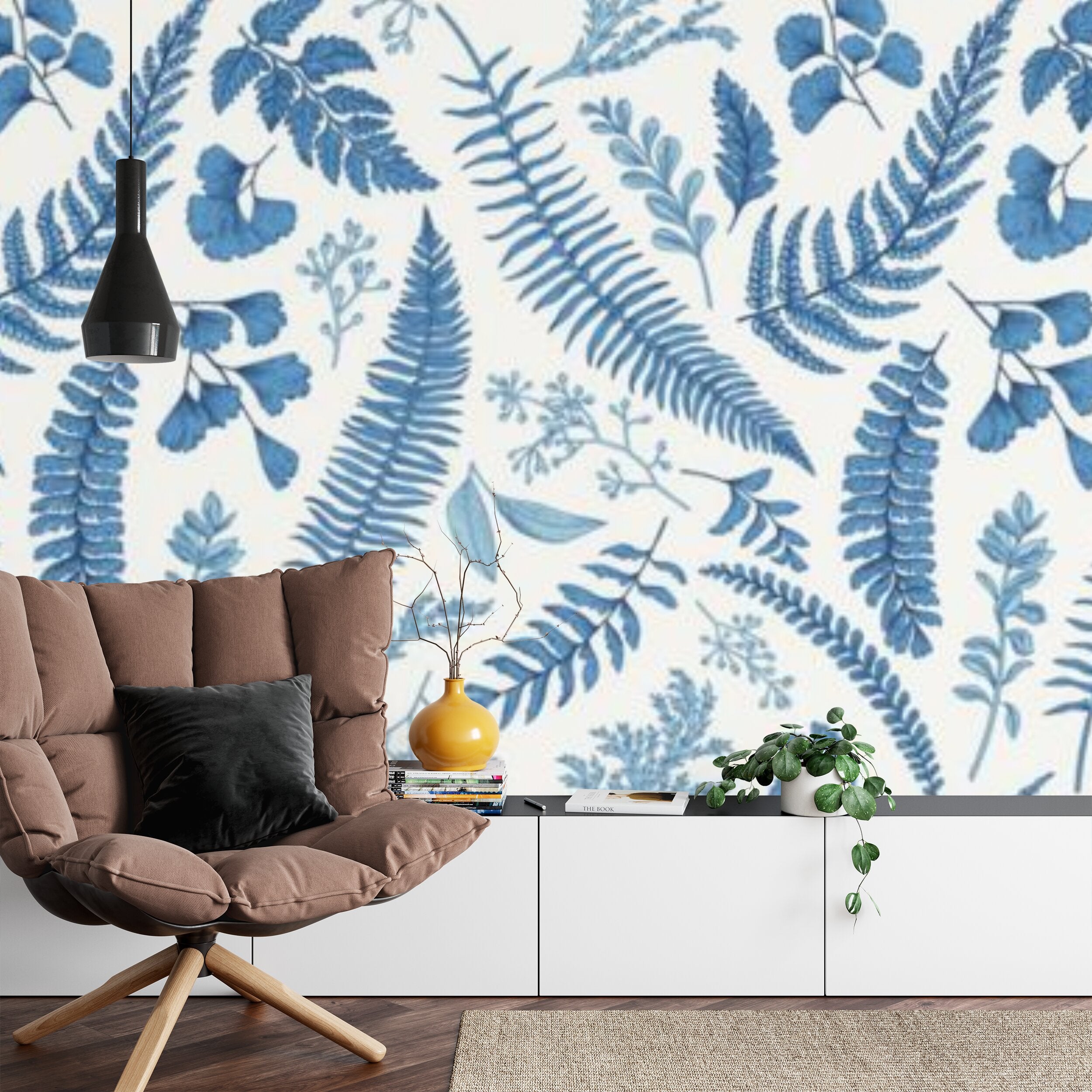 Papier peint panoramique Fougères bleues — herbier gravé sur crème