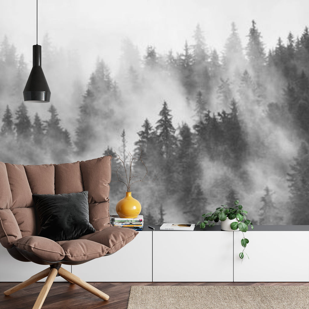 Papier peint panoramique Forêt de brume — paysage noir et blanc