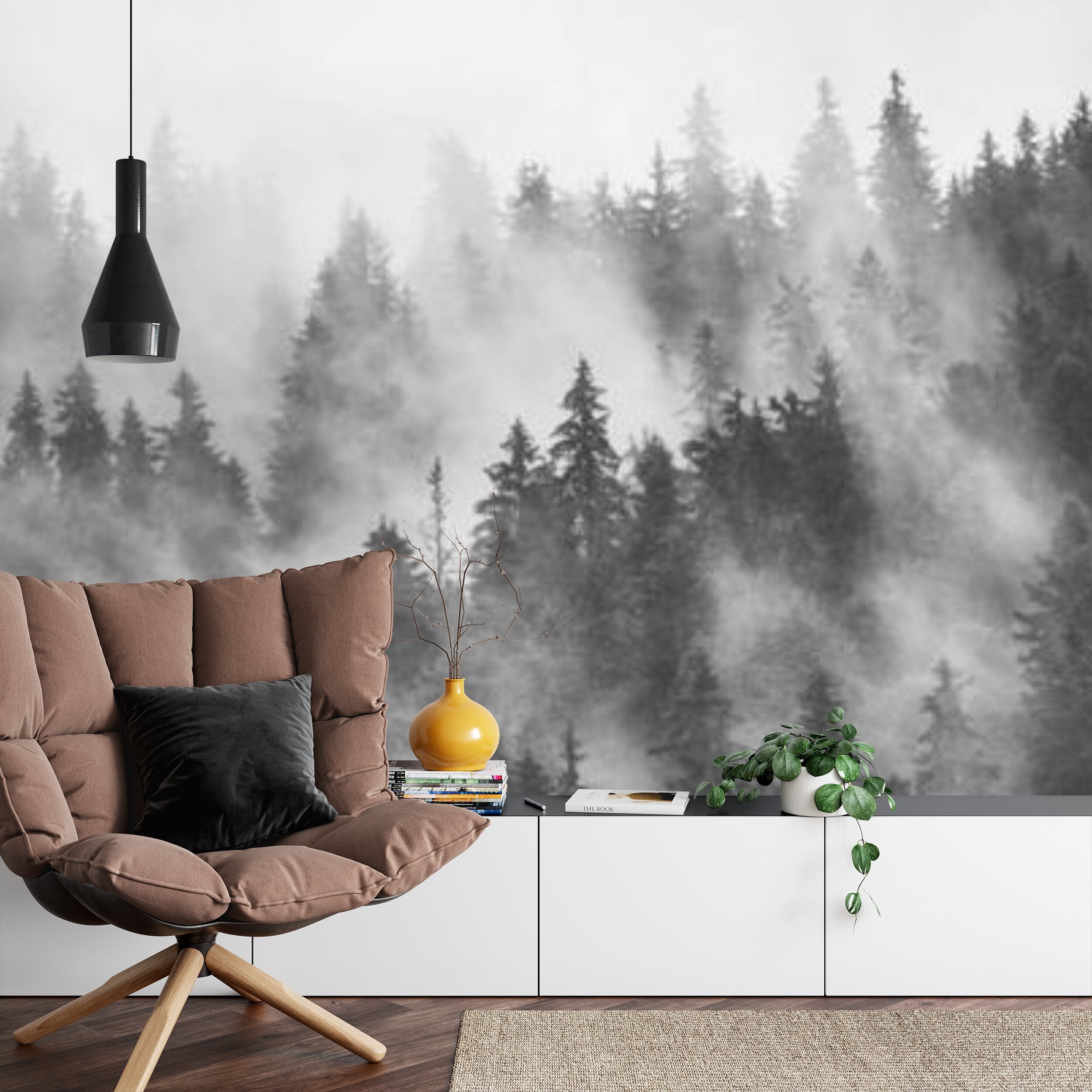 Papier peint panoramique Forêt de brume — paysage noir et blanc
