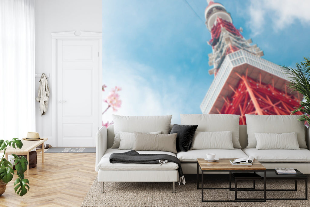 Papier peint panoramique Tour de Tokyo — cerisiers en fleurs et ciel bleu