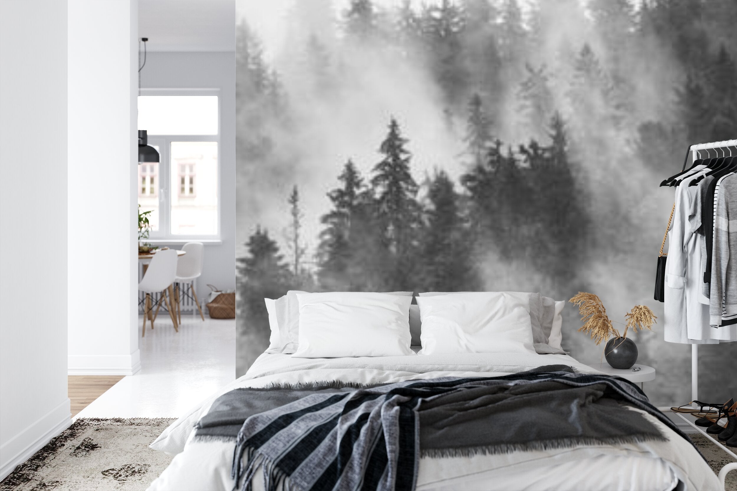 Papier peint panoramique Forêt de brume — paysage noir et blanc