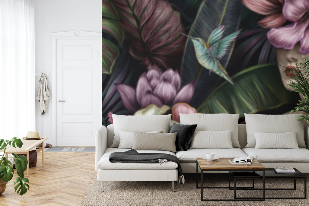 Papier peint panoramique Femmes et hibiscus — jungle tropicale sombre