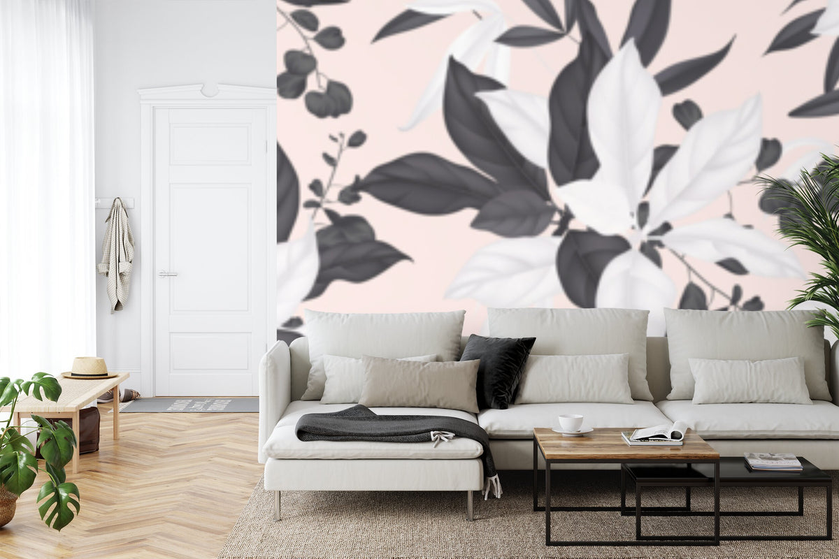 Papier peint panoramique Feuillage noir et blanc sur rose — motif graphique