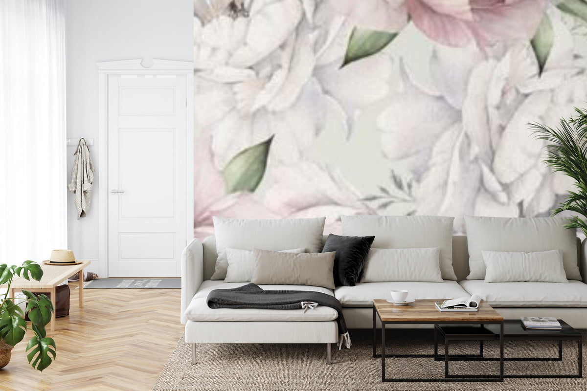 Papier peint panoramique Pivoines à l'aquarelle — floral rose poudré