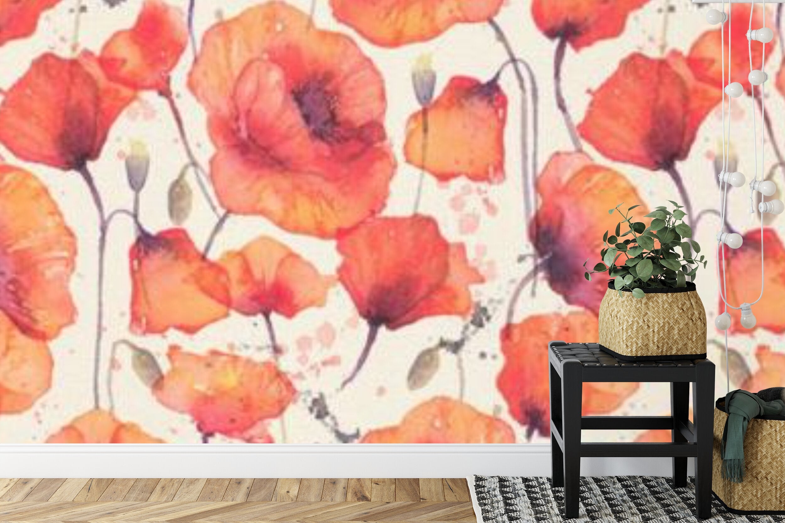 Papier peint panoramique Coquelicots — motif floral aquarelle rouge