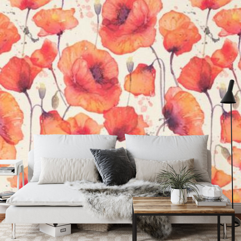 Papier peint panoramique Coquelicots — motif floral aquarelle rouge