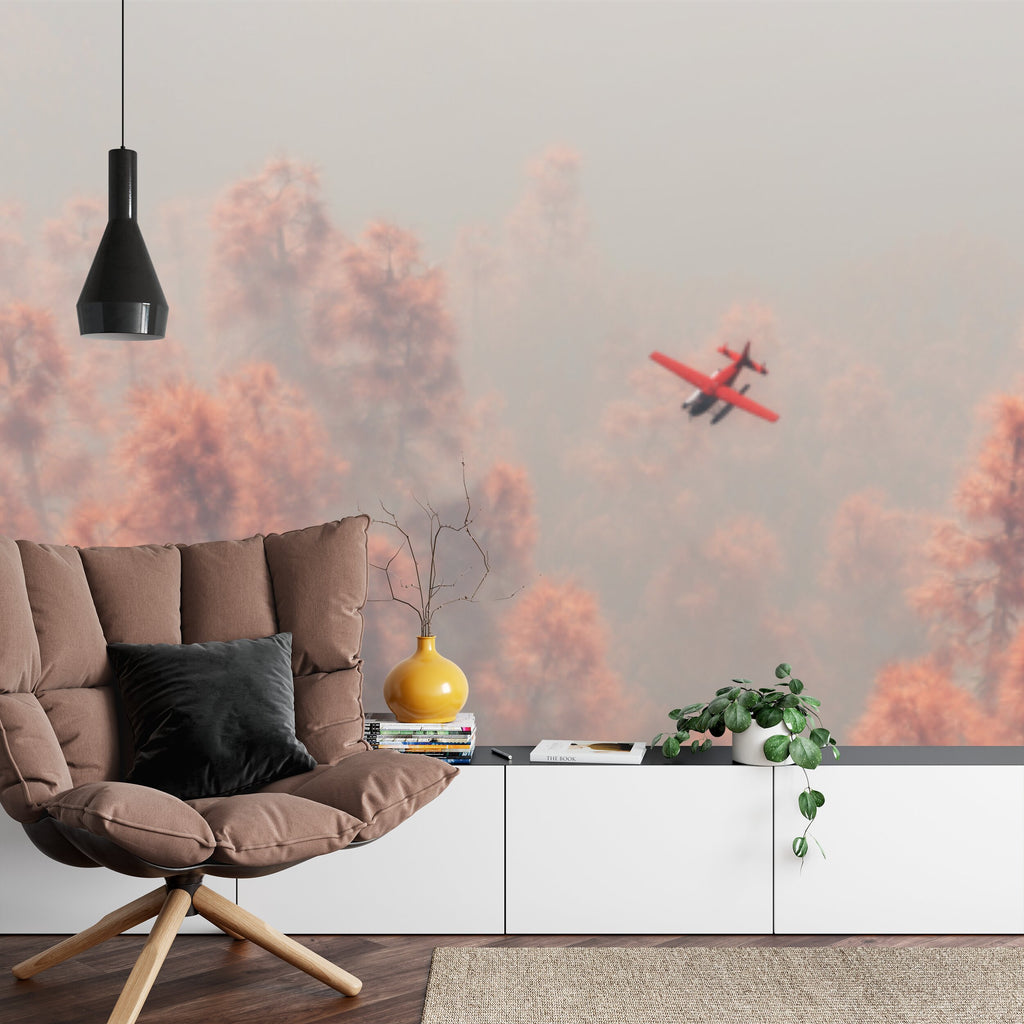 Papier peint panoramique Survol des cimes — canopée terracotta et brume