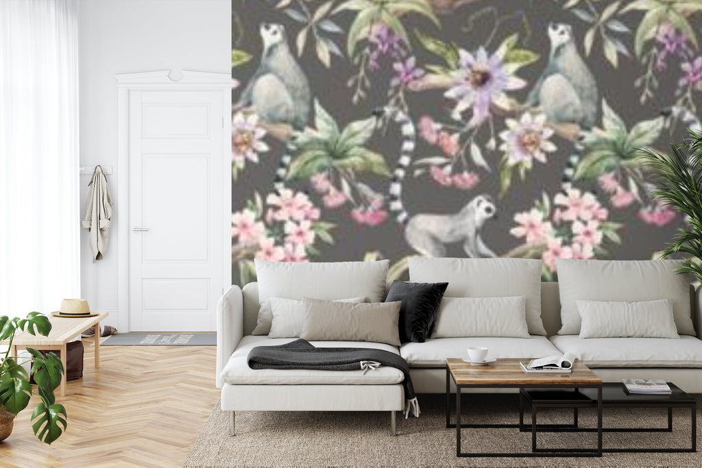 Papier peint panoramique Lémuriens et passiflores — motif tropical animalier