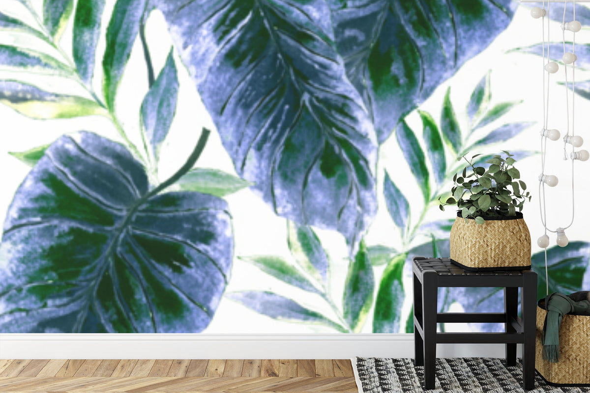 Papier peint panoramique Feuillage indigo — aquarelle bleue sur fond blanc