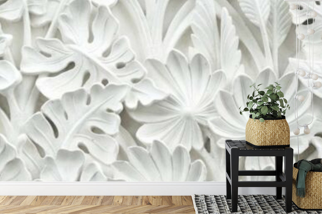 Papier peint panoramique Feuillage sculpté — relief blanc en pierre