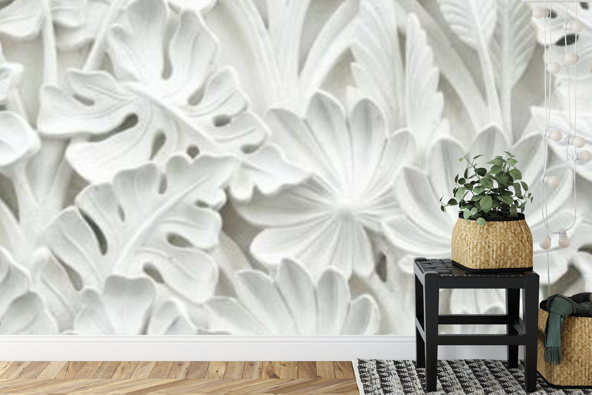 Papier peint panoramique Feuillage sculpté — relief blanc en pierre