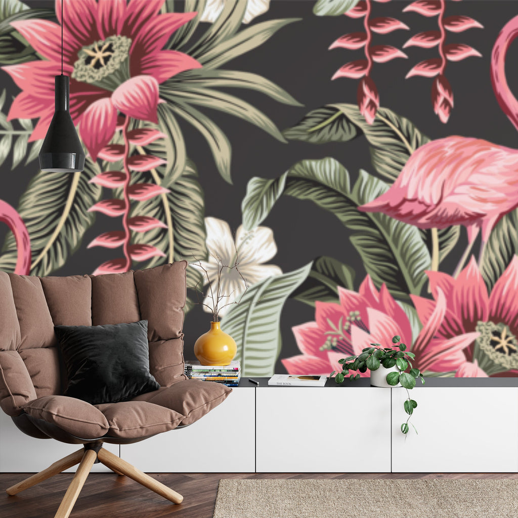 Papier peint panoramique Flamants roses — fleurs tropicales sur fond noir