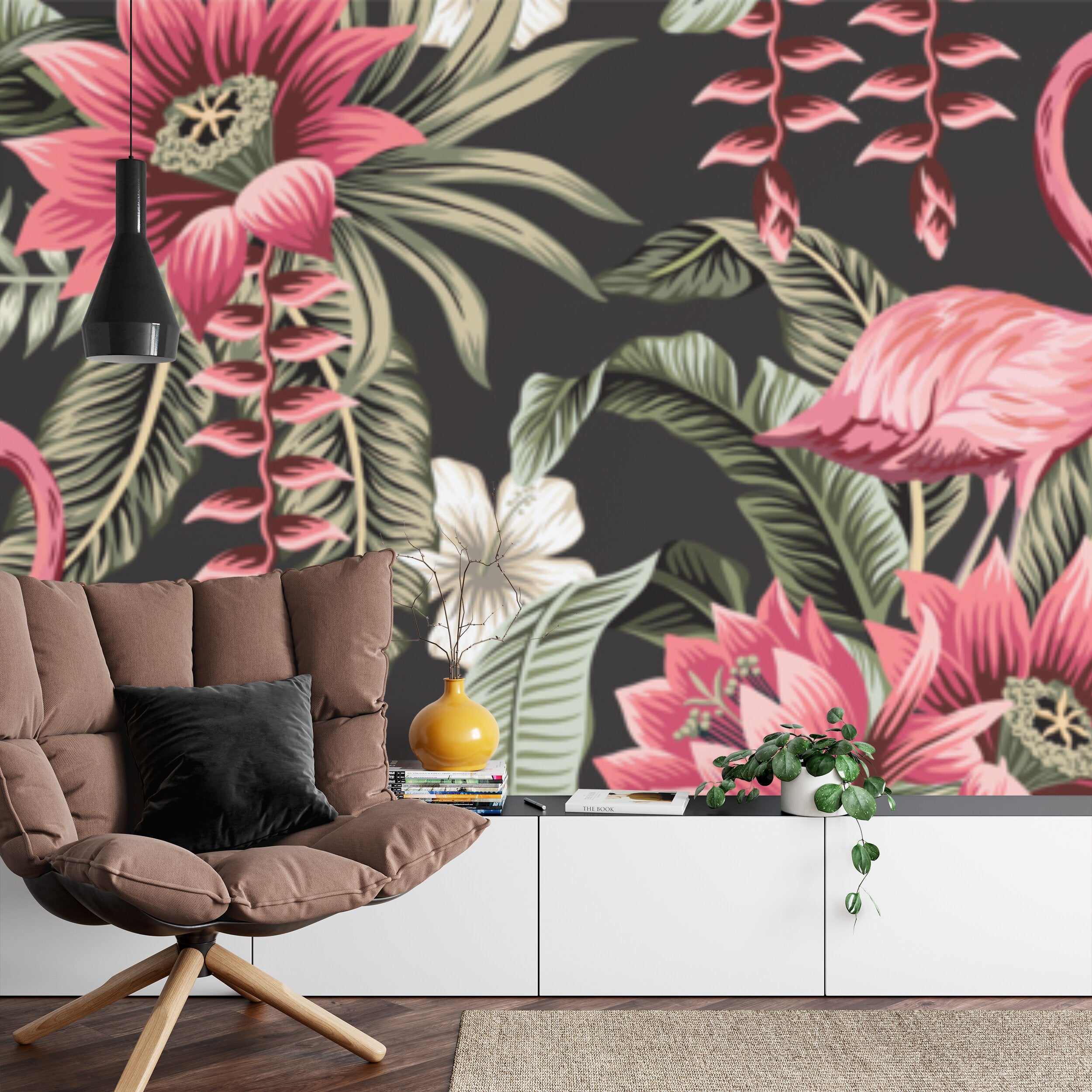 Papier peint panoramique Flamants roses — fleurs tropicales sur fond noir