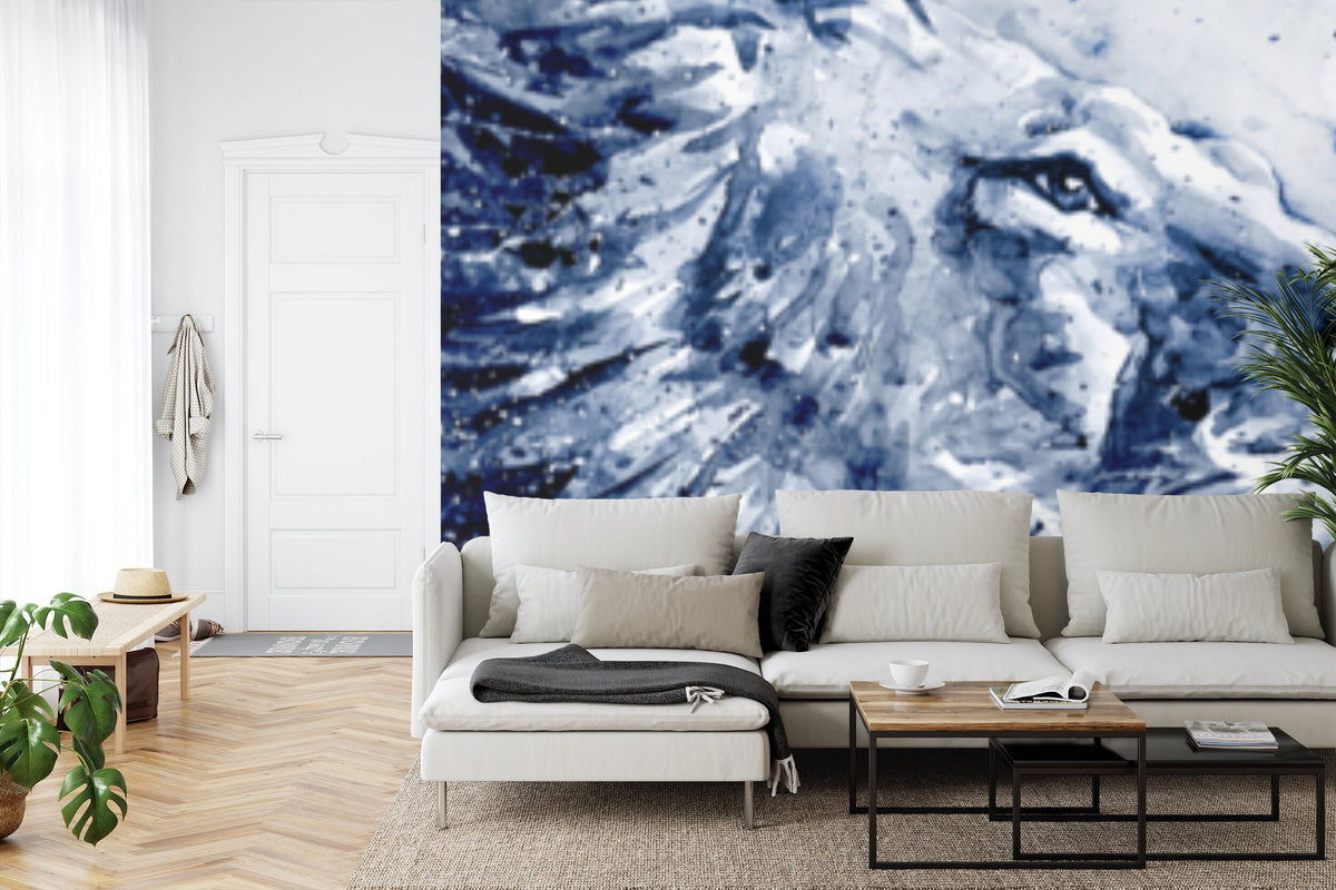 Papier peint panoramique Lion à l'aquarelle — bleu indigo sur blanc