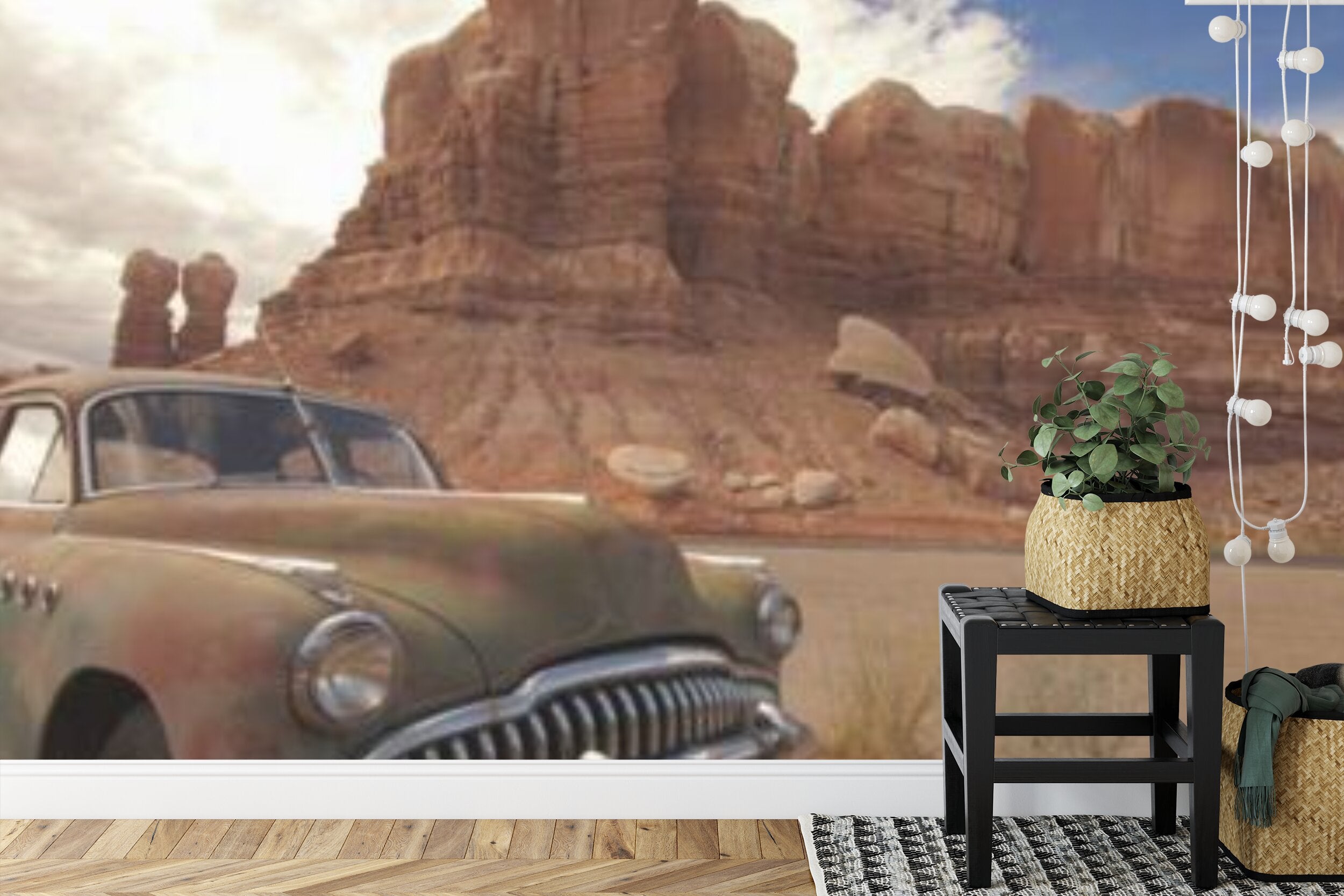 Papier peint panoramique Désert et voiture vintage — paysage de l'Ouest