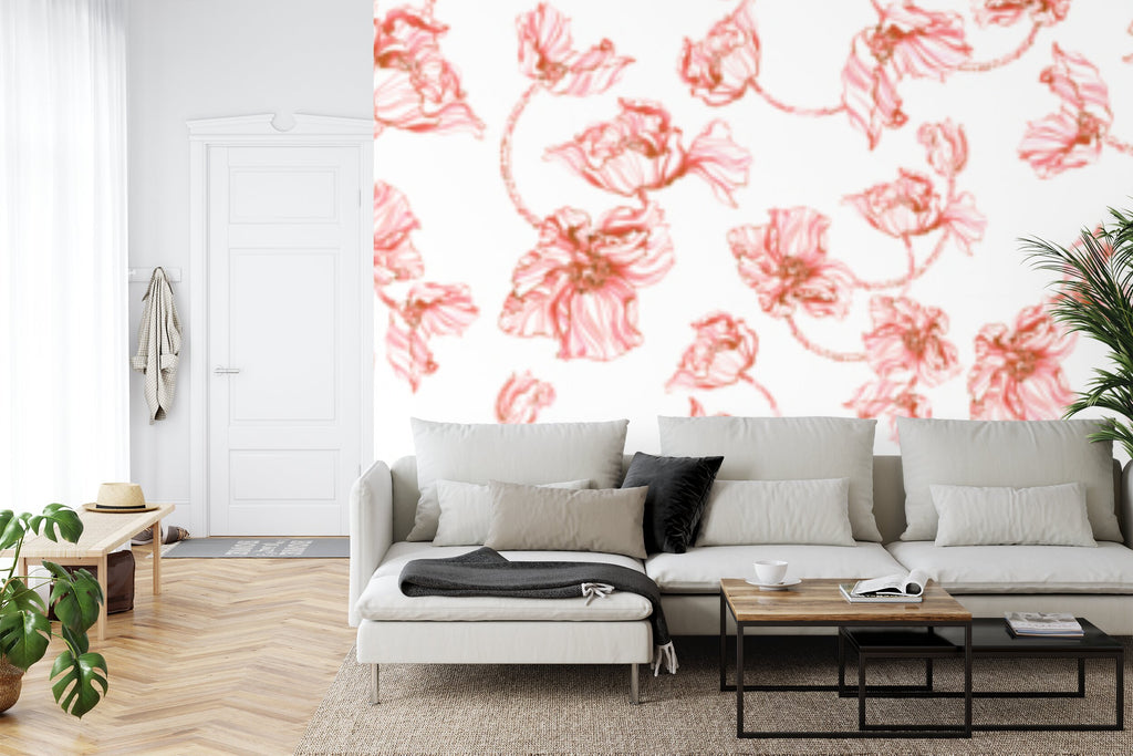 Papier peint panoramique Coquelicots au trait — motif floral corail