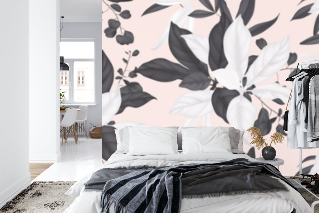 Papier peint panoramique Feuillage noir et blanc sur rose — motif graphique