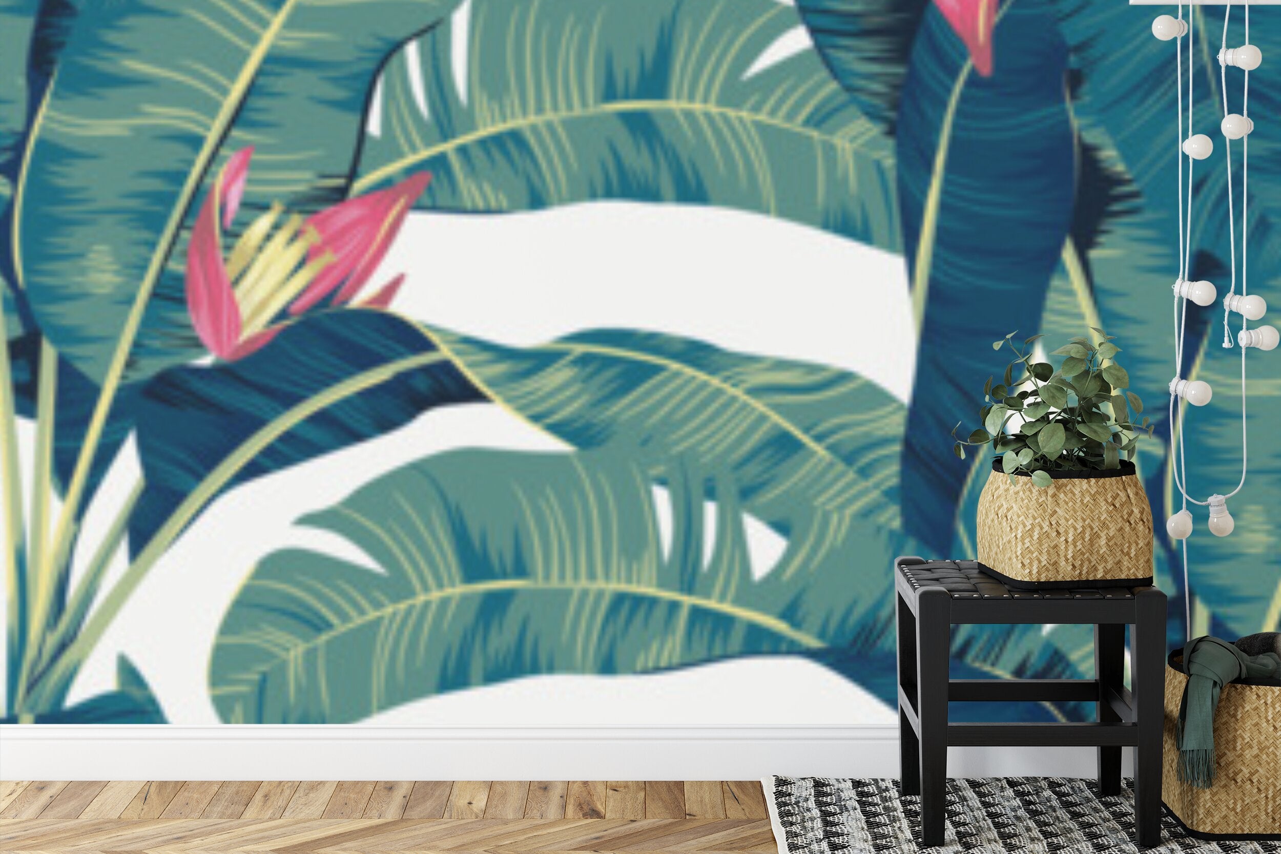 Papier peint panoramique Bananiers en fleurs — feuillage tropical vert émeraude