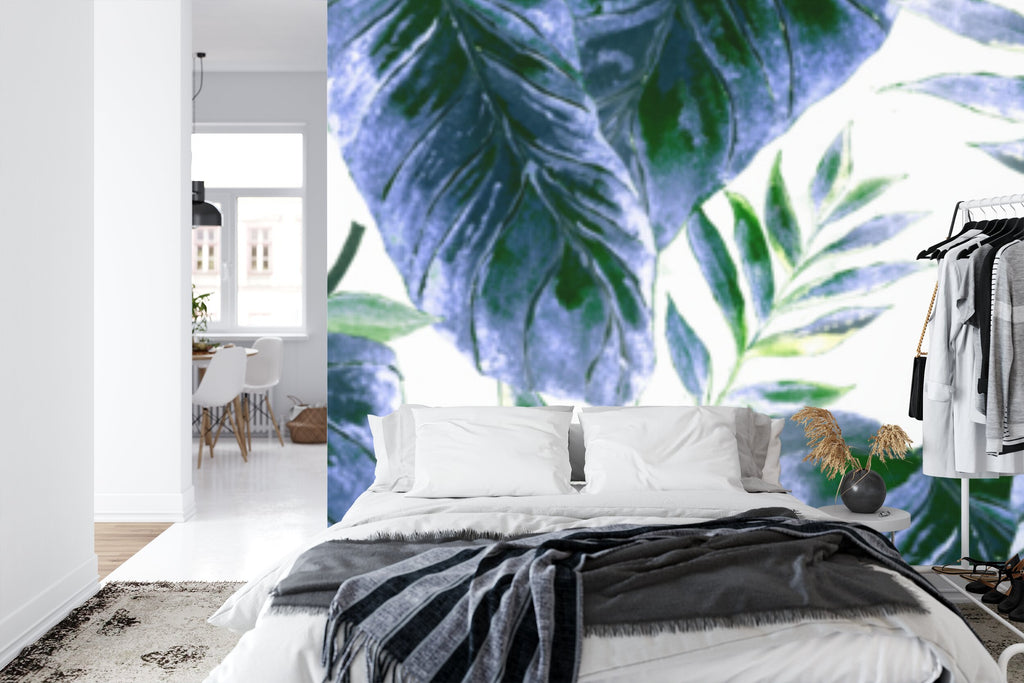 Papier peint panoramique Feuillage indigo — aquarelle bleue sur fond blanc