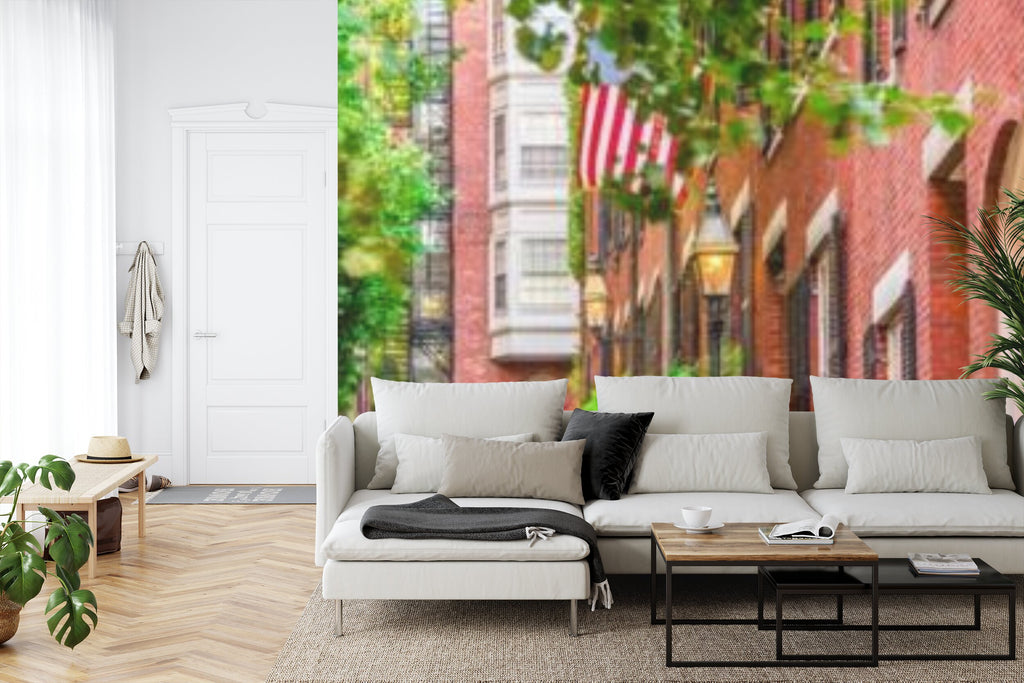 Papier peint panoramique Ruelle pavée — paysage urbain rouge brique et vert