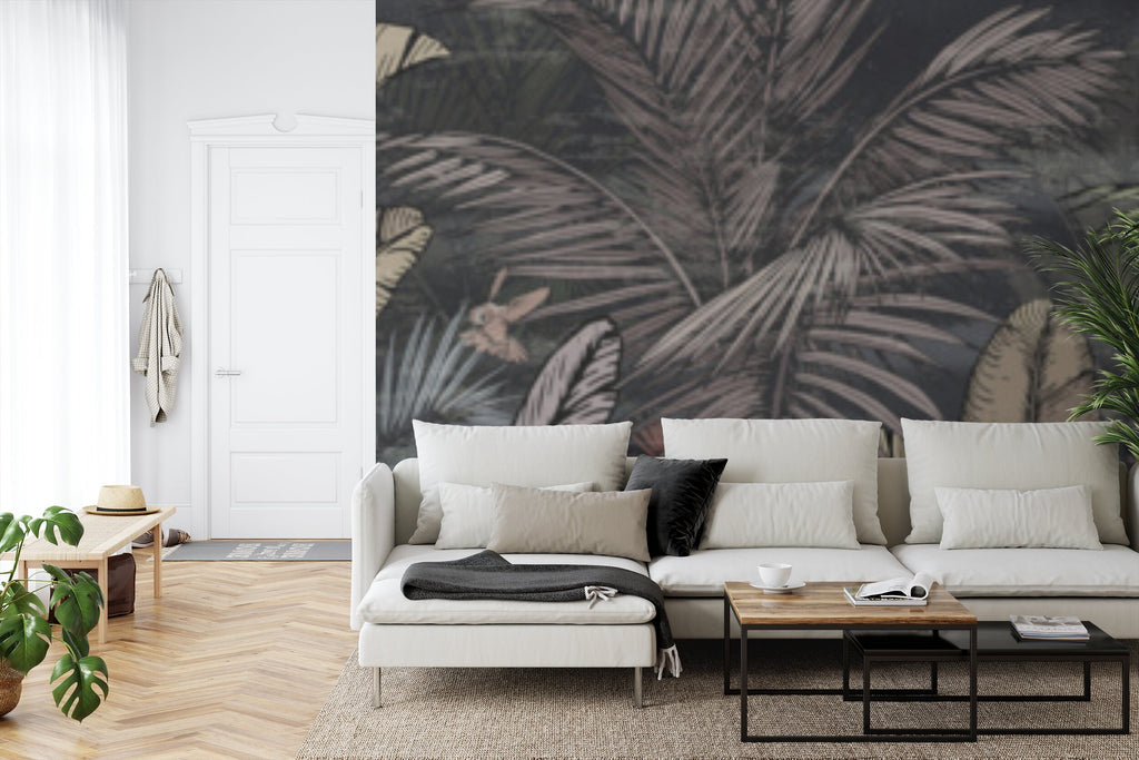 Papier peint panoramique Jungle nocturne — feuillage tropical fond anthracite