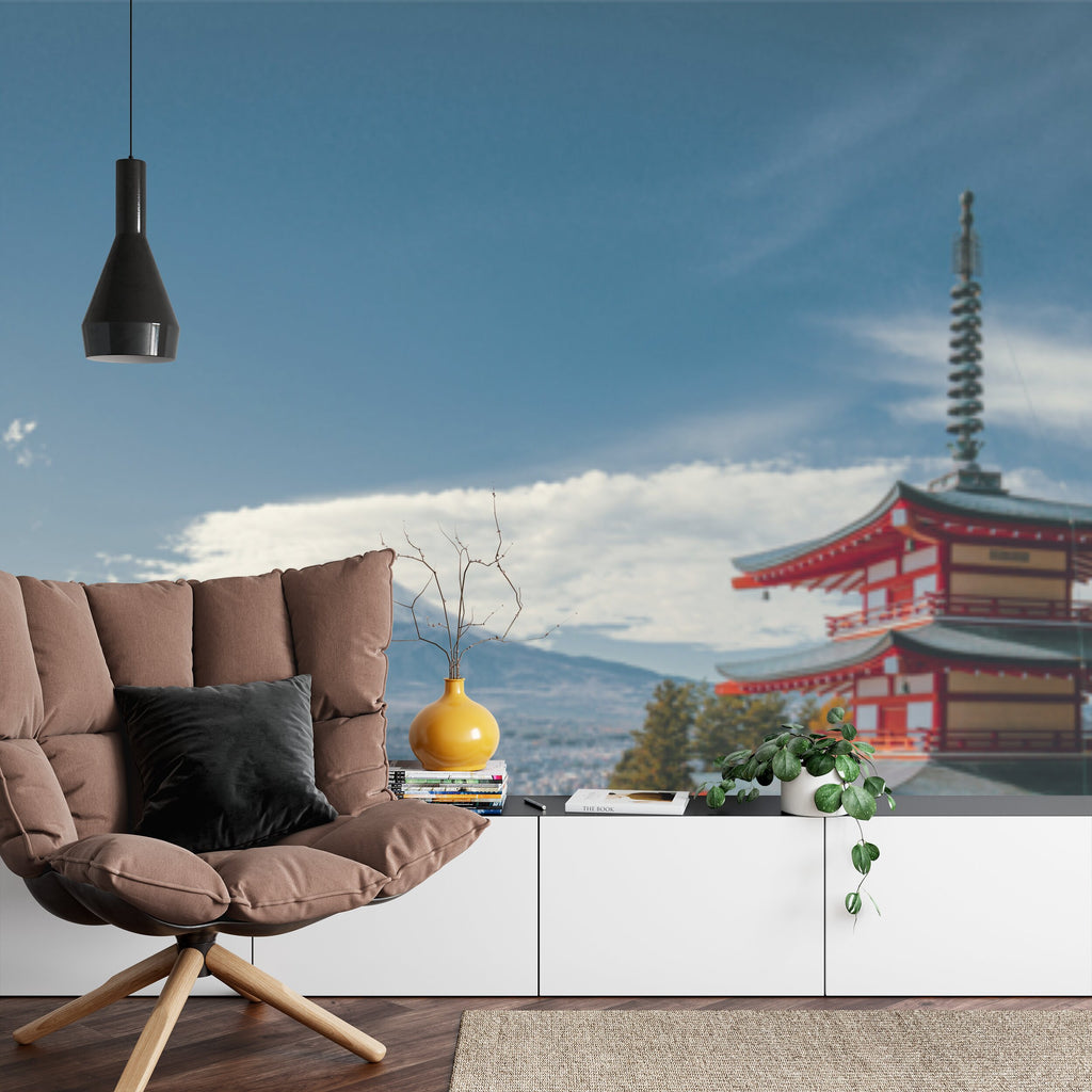 Papier peint panoramique Mont Fuji et pagode — paysage d'automne japonais