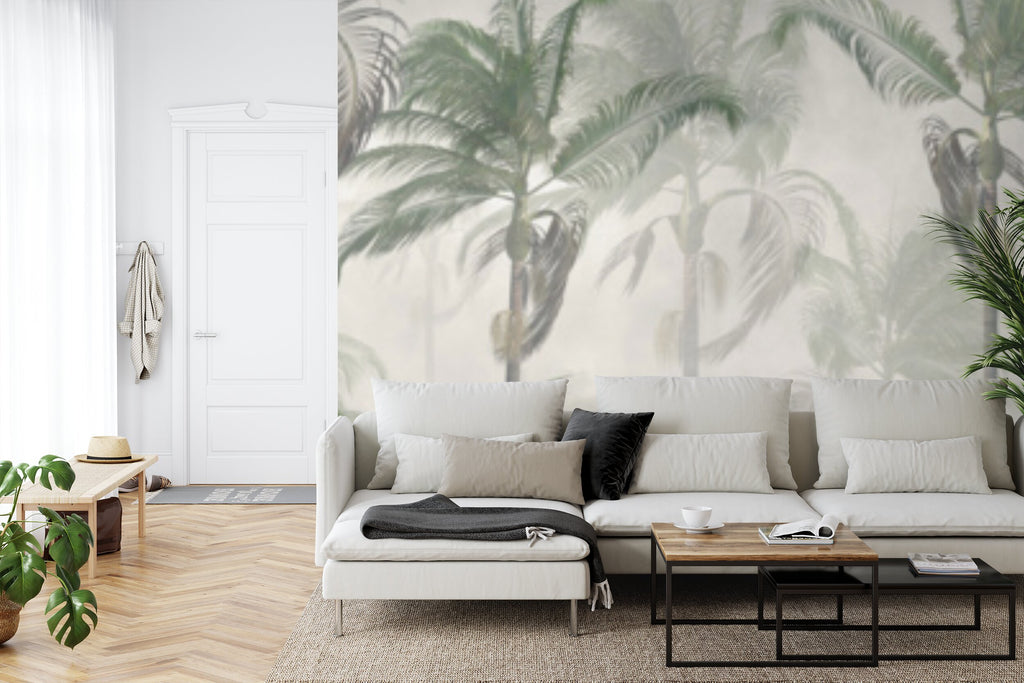 Papier peint panoramique Palmeraie brumeuse — paysage tropical vert amande